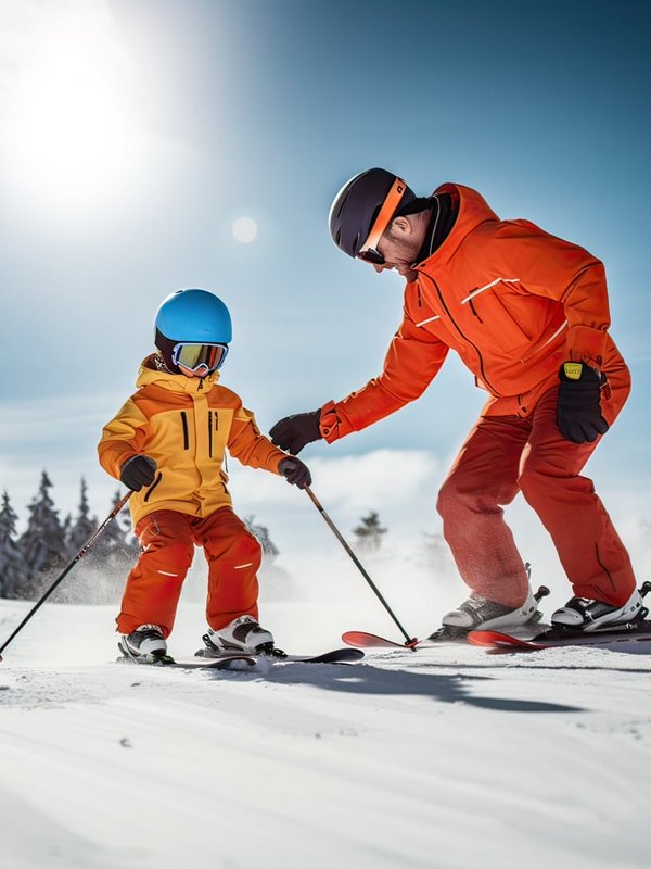 Ein Erwachsener hilft einem kleinen Kind bei den ersten Versuchen auf Skiern im Schnee.