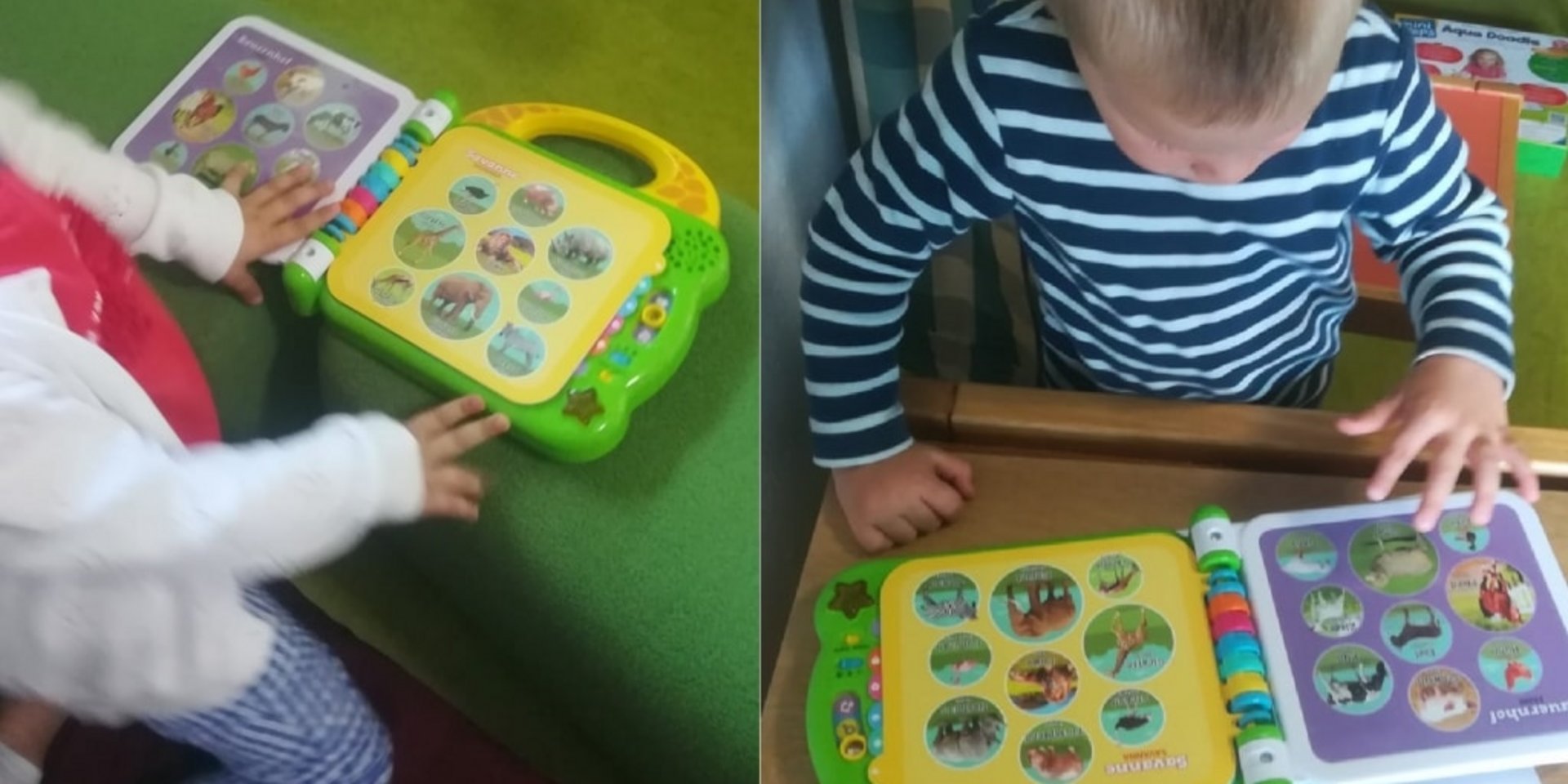 Ein Kleinkind spielt konzentriert mit einem interaktiven Lerncomputer von Vtech im Spielzimmer.