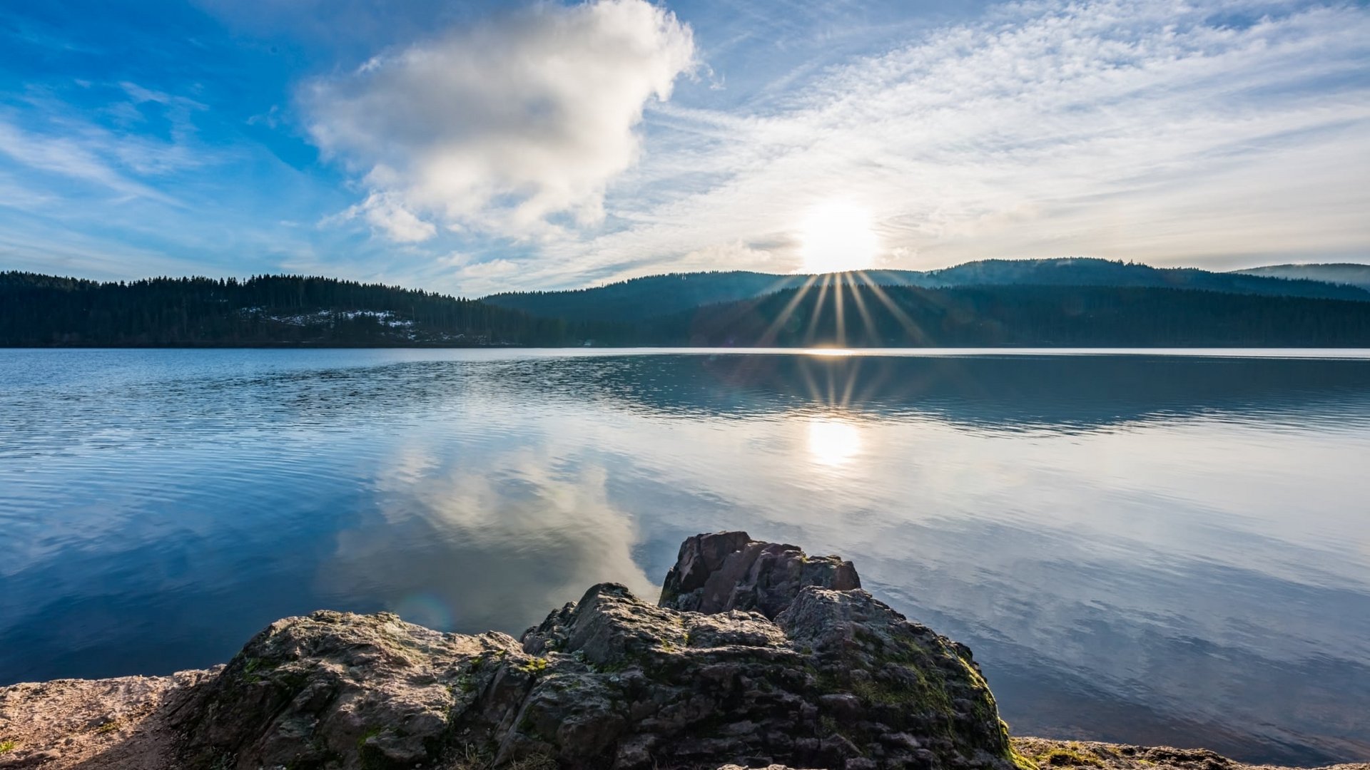 Blick über das klare Wasser des Schluchsees auf die bewaldeten Ufer im Schwarzwald.