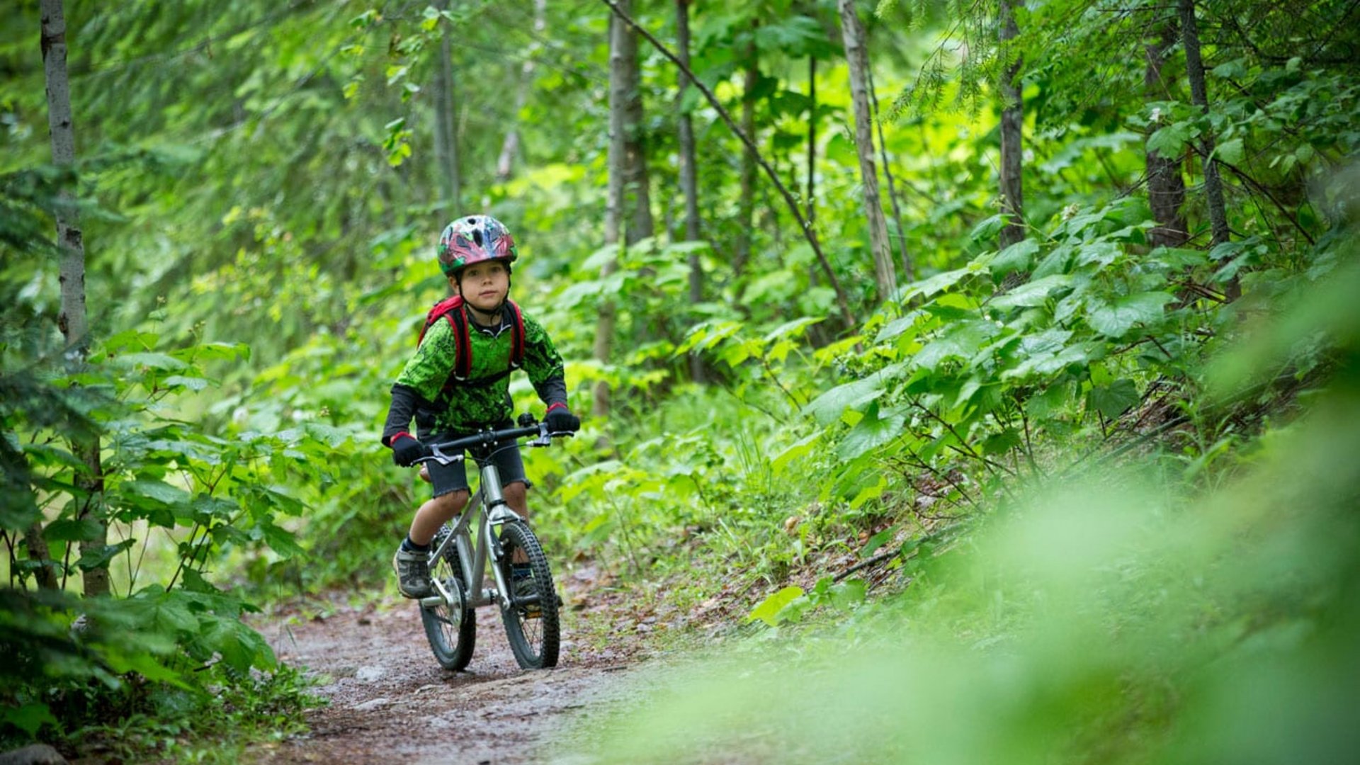 Ein Kind fährt konzentriert mit einem Mountainbike über einen schmalen Waldweg im Schwarzwald.