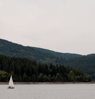 Blick über einen Schwarzwälder Bergsee mit bewaldeten Hängen im Dunst.