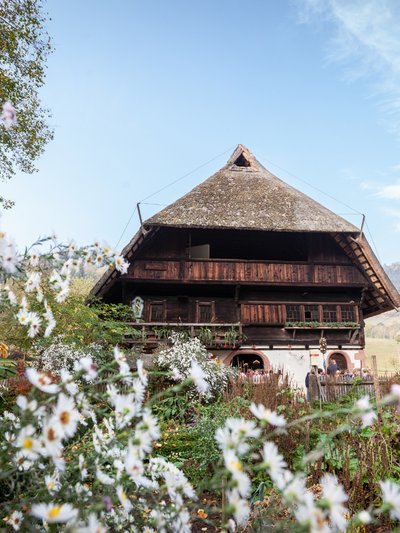 Ein altes Bauernhaus umgeben von Blumen
