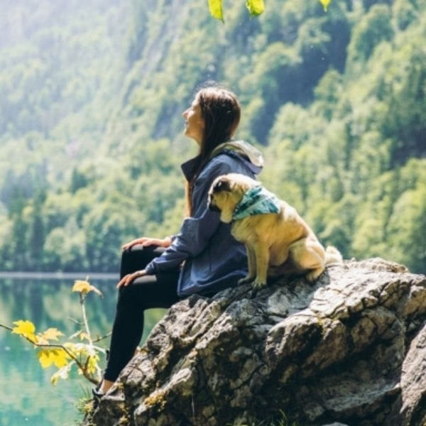 Eine Wanderin rastet mit ihrem Hund auf einem Felsen und genießt den Blick auf den See.