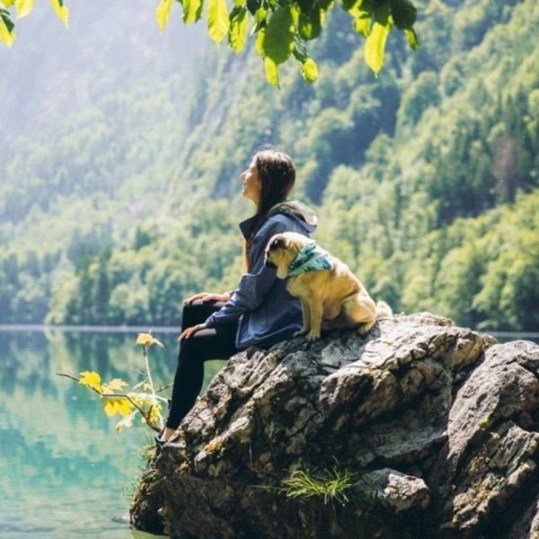 Eine Wanderin rastet mit ihrem Hund auf einem Felsen und genießt den Blick auf den See.