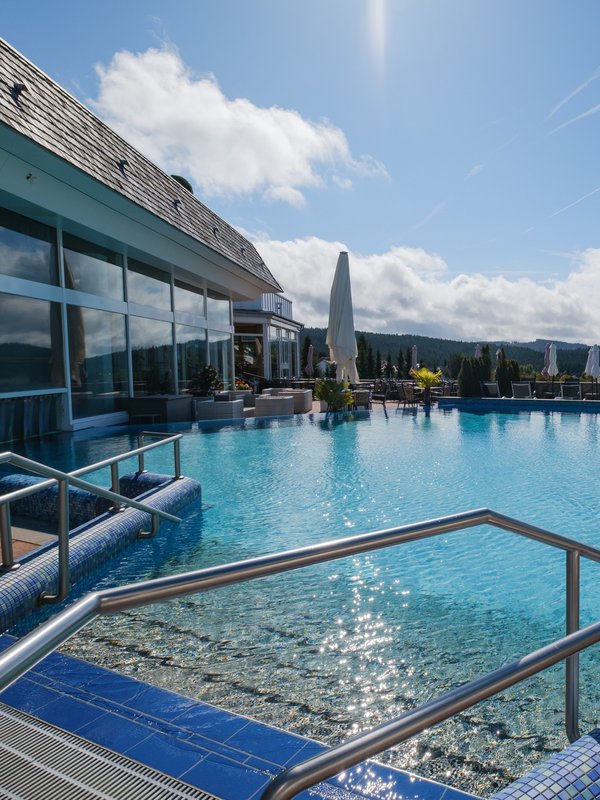 Beheizter Außenpool mit Blick auf die umliegende Natur und Liegeflächen unter blauem Himmel.