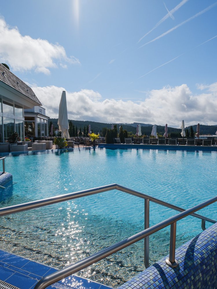 Beheizter Außenpool mit Blick auf die umliegende Natur und Liegeflächen unter blauem Himmel.