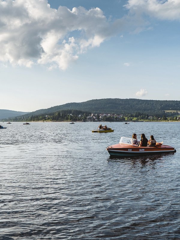 Mehrere Tretboote liegen bereit für Ausflügler auf dem Schluchsee im Schwarzwald.