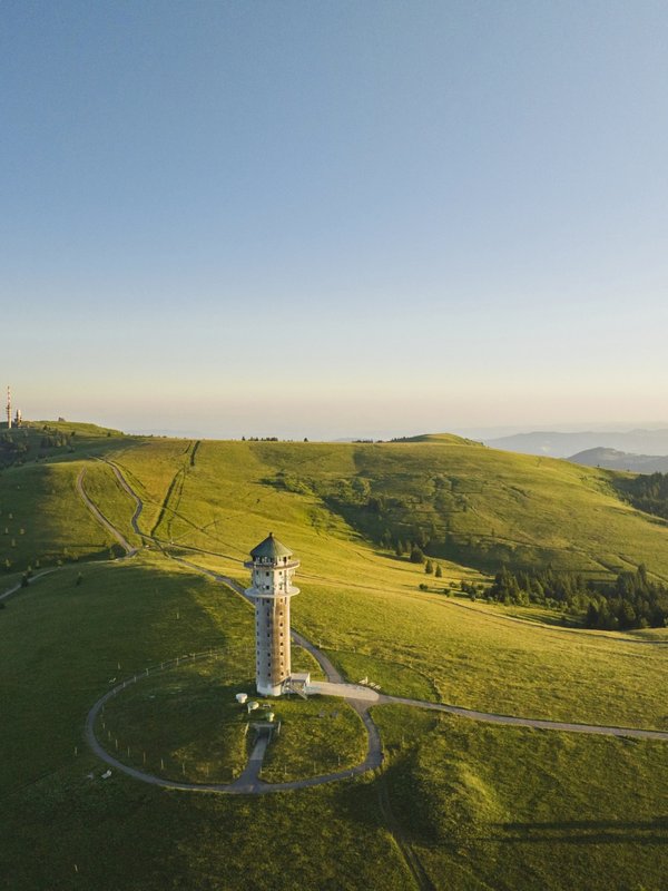 Luftaufnahme des Feldbergturms auf dem grünen Gipfel des höchsten Schwarzwaldberges im Sommer.