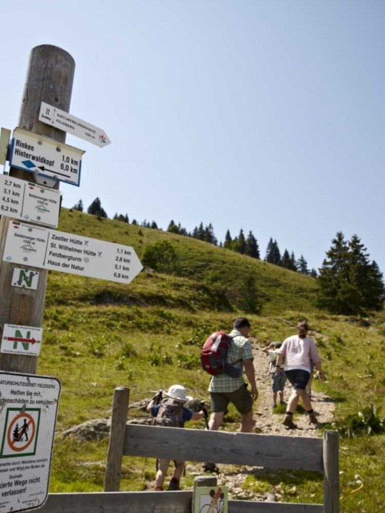 Wegweiser am Feldberggipfel markieren Wanderrouten im Hochschwarzwald.