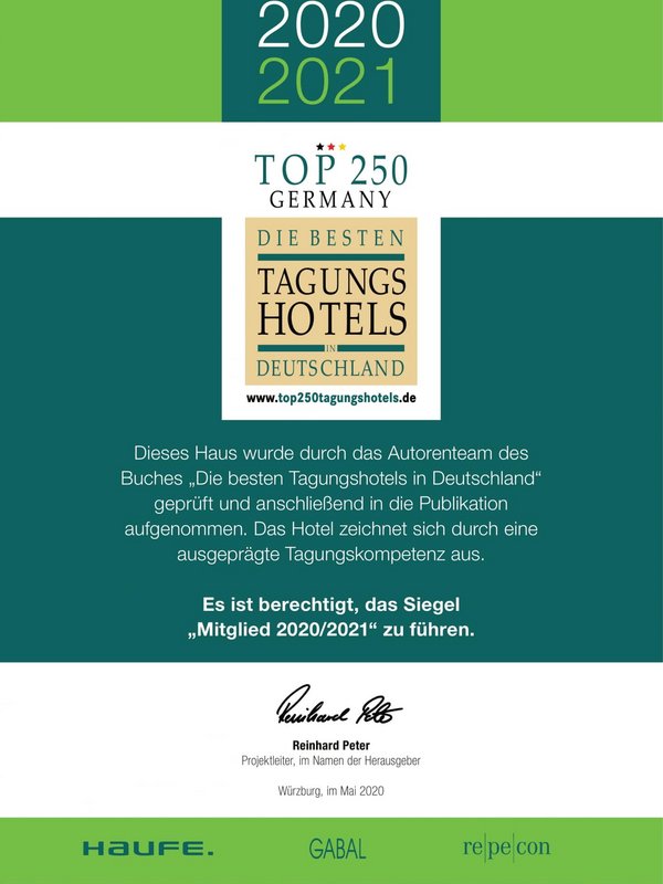 Offizielle Mitgliedsurkunde des Top 250 Germany Verbunds für das Hotel Vier Jahreszeiten am Schluchsee.