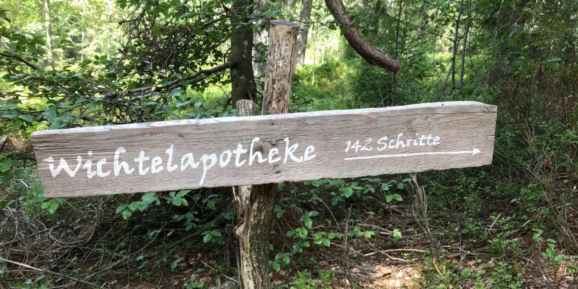 Ein hölzernes Schild markiert die „Wichtelapotheke“ auf dem Erlebnispfad für Kinder.