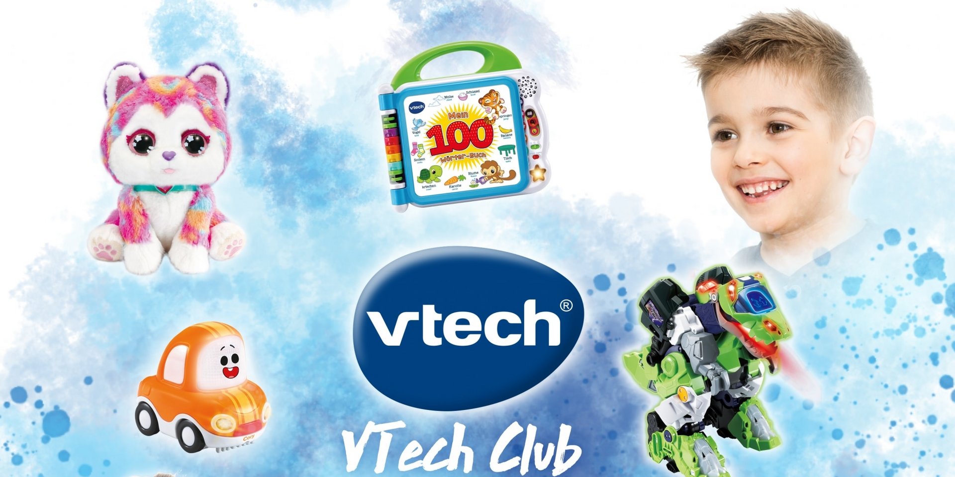 Werbe-Display mit verschiedenen Lernspielzeugen der Marke Vtech für Kinder.