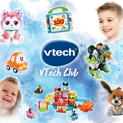 Werbe-Display mit verschiedenen Lernspielzeugen der Marke Vtech für Kinder.