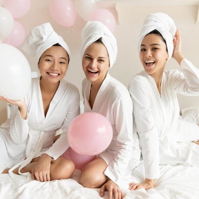 Drei Frauen in Bademänteln feiern mit rosa Luftballons in einem hellen Raum.