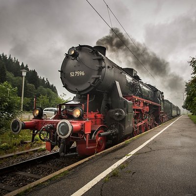 Eine historische Dampflokomotive fährt dampfend in den Bahnhof ein.