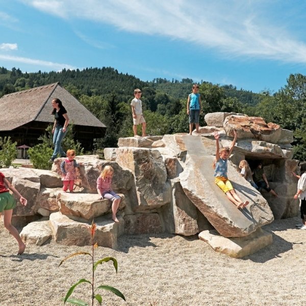 Rustikaler Holzspielplatz im Freilichtmuseum Schwarzwald – Ideal für Familien.