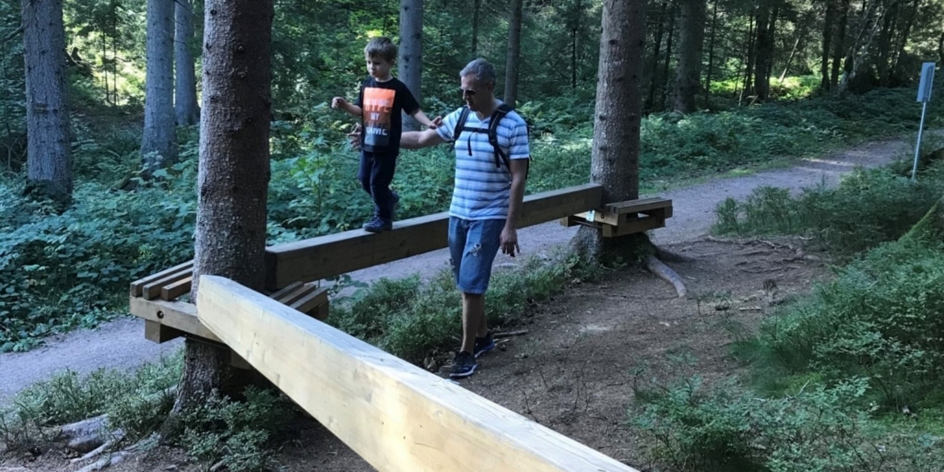 Balancierbalken und Geschicklichkeitselemente aus Naturholz im Waldpark Schlüwana.
