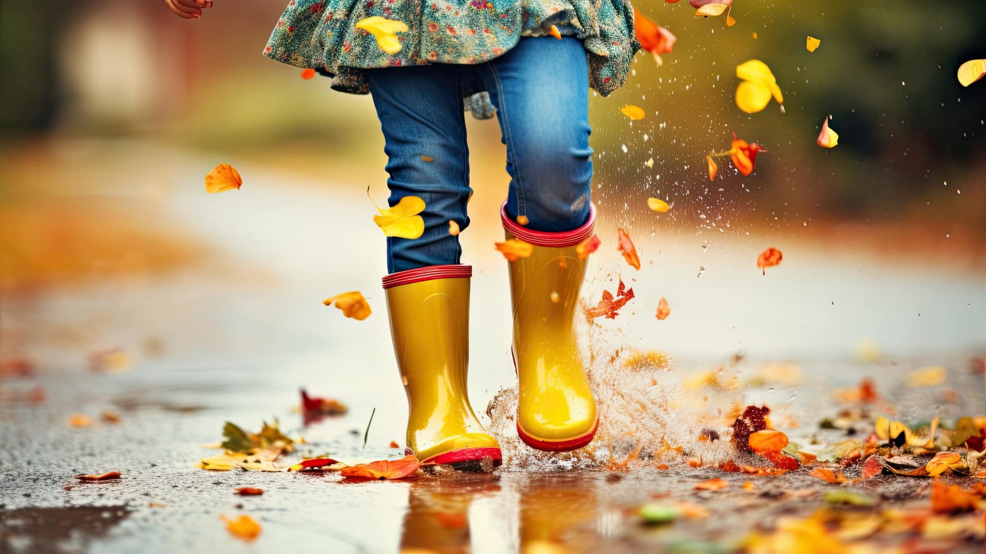 Ein Kind in bunten Gummistiefeln springt freudig in eine Pfütze voller Herbstlaub.