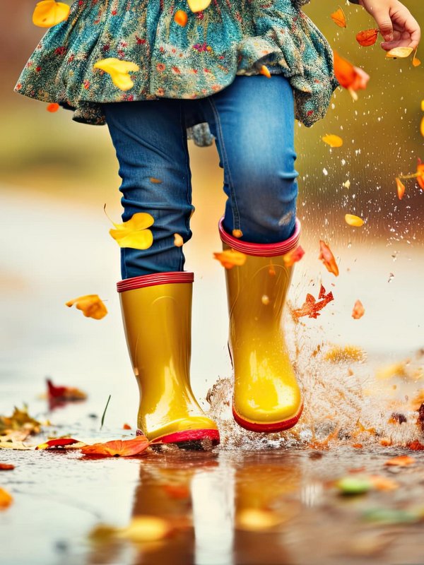 Ein Kind in bunten Gummistiefeln springt freudig in eine Pfütze voller Herbstlaub.