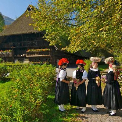 Personengruppe in Tracht vor einem alten Bauernhaus – Lebendige Geschichte.