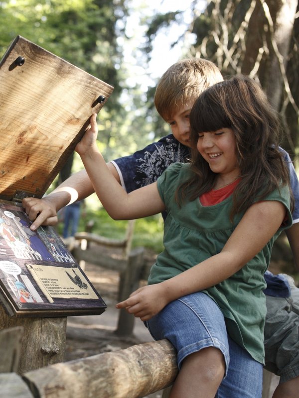 Zwei Kinder lesen gespannt eine Geschichte an einer der Stationen des Wichtelpfads.