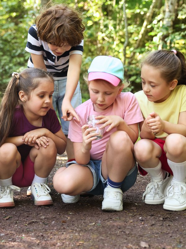 Kinder sitzen im Halbkreis und betrachten etwas