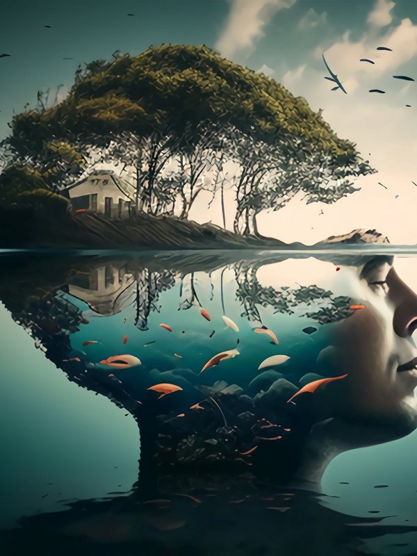 Künstlerische Doppelbelichtung eines Gesichts, das mit einer bewaldeten Insel im Wasser verschmilzt.