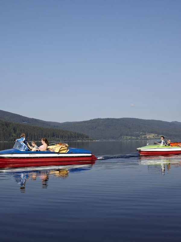 Mehrere bunte Tretboote fahren bei ruhigem Wetter auf dem Schluchsee im Schwarzwald.