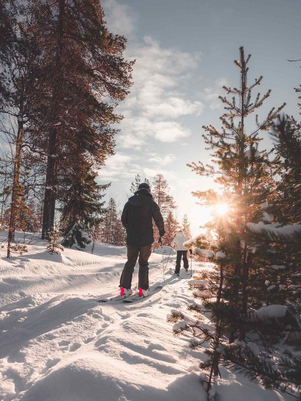 Eine Gruppe von Langläufern gleitet durch den tief verschneiten Winterwald.