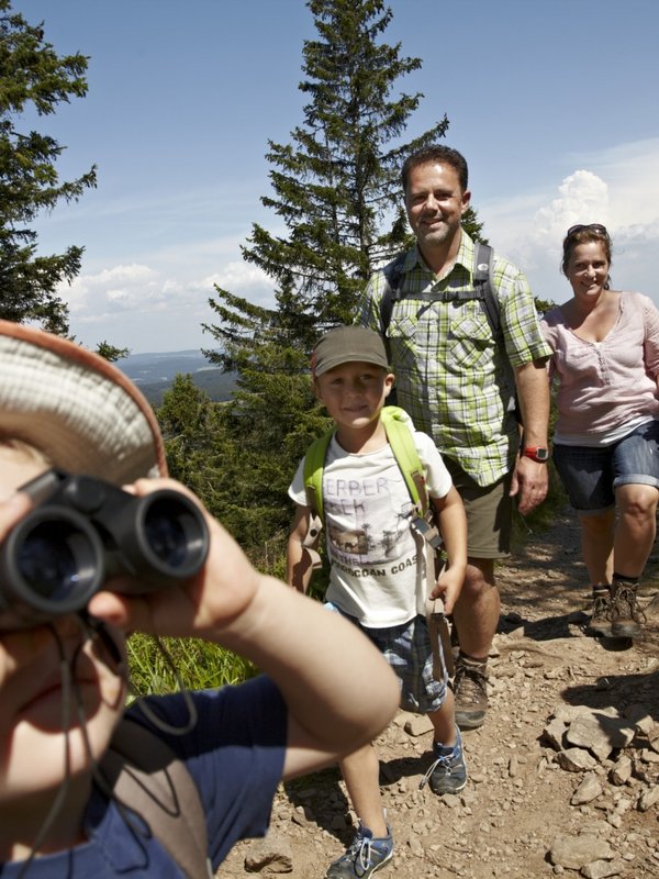 Eine Familie wandert mit Rucksäcken über eine sonnige Anhöhe mit weitem Ausblick.