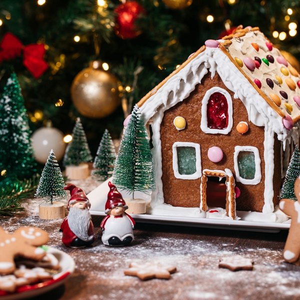 Ein liebevoll verziertes Lebkuchenhaus steht als Dekoration vor einem geschmückten Weihnachtsbaum.