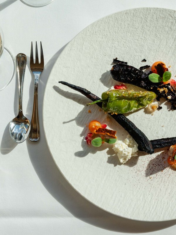 Exquisiter Hauptgang mit dunklen Akzenten und feinem Gemüse im Hotel Vier Jahreszeiten am Schluchsee.