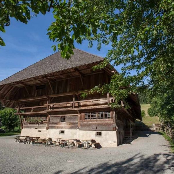 Großes, historisches Schwarzwaldhaus mit ausladendem Dach im Freilichtmuseum.