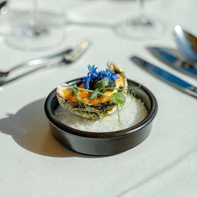 Kunstvoll angerichtete Vorspeise mit essbaren Blüten im Gourmet-Restaurant am Schluchsee.