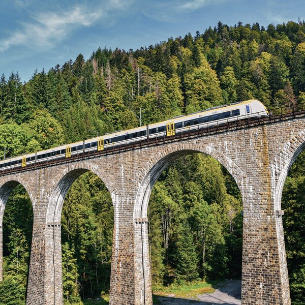 Viadukt mit Bahn in der Ravennaschlucht im Schwarzwald