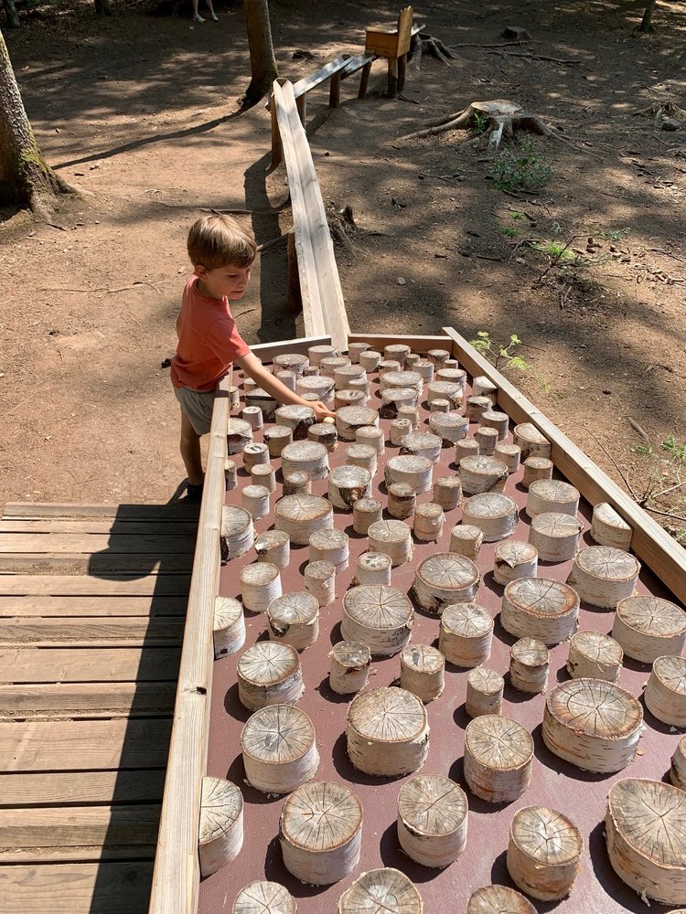 Eine hölzerne Kugelbahn-Station im Wald als Freizeitaktivität für Kinder am Schluchsee.