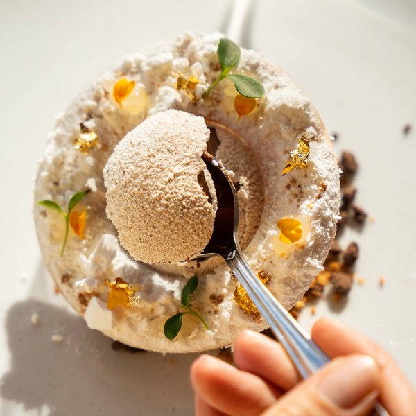 Detailaufnahme eines cremigen Desserts mit Schokoladenelementen und Beeren.