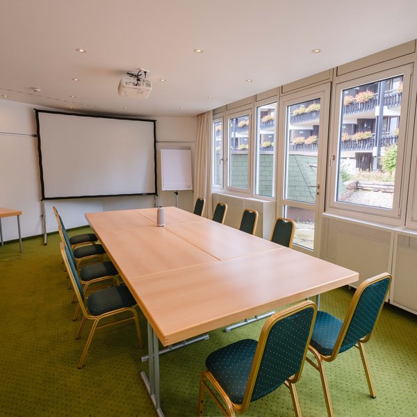 Professionelle Seminarumgebung mit Leinwand, moderner Tagungstechnik und Blick ins Grüne im Hotel Vier Jahreszeiten im Schwarzwald.