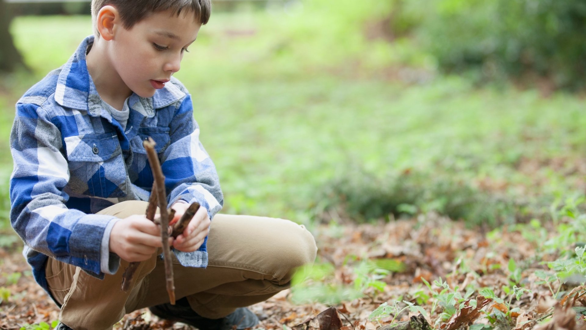 Ein Kind untersucht bei einem Natur-Workshop im Wald neugierig Pflanzen am Boden.