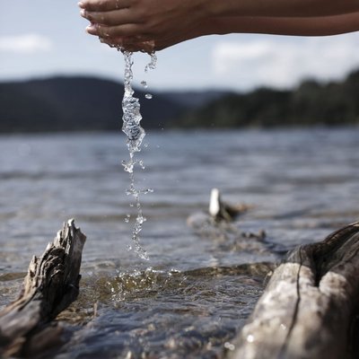 Eine Person schöpft mit den Händen frisches, klares Wasser aus dem Schluchsee im Schwarzwald.