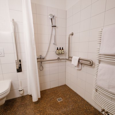 Badezimmer mit barrierefreundlicher Dusche und Haltegriffen für maximalen Komfort.