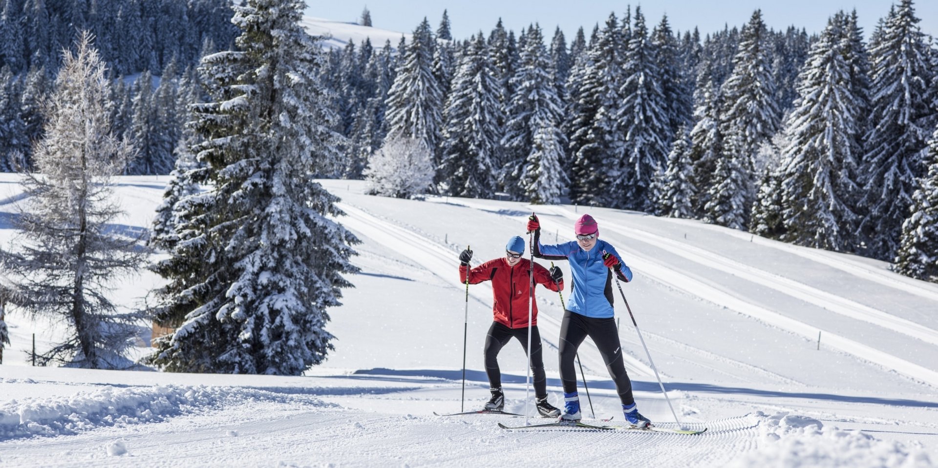 Zwei Personen beim Skilanglauf auf einer bestens gespurten Loipe durch den Schwarzwald.