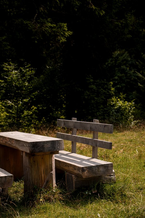 Rustikale Holz-Sitzgruppe an einem sonnigen Waldrand nahe dem Hotel Vier Jahreszeiten am Schluchsee.