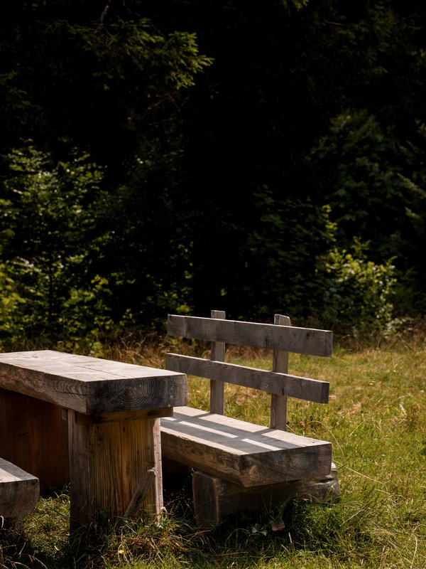 Rustikale Holz-Sitzgruppe an einem sonnigen Waldrand nahe dem Hotel Vier Jahreszeiten am Schluchsee.