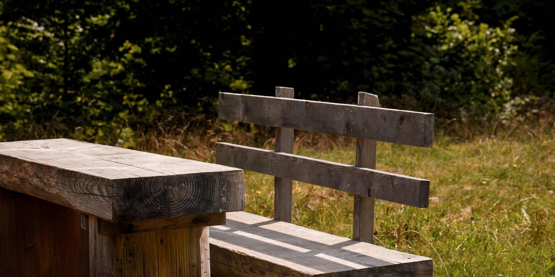 Rustikale Holz-Sitzgruppe an einem sonnigen Waldrand nahe dem Hotel Vier Jahreszeiten am Schluchsee.