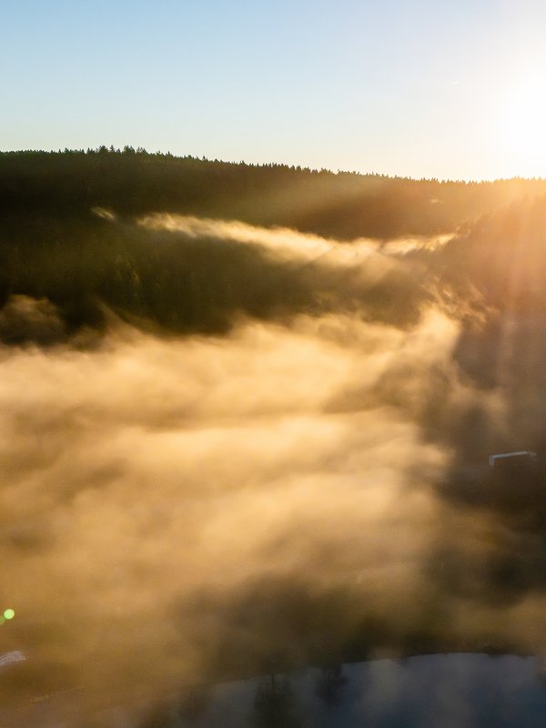 Schwarzwald bei Sonnenaufgang im Herbst mit Nebelschwaden über dem Tal