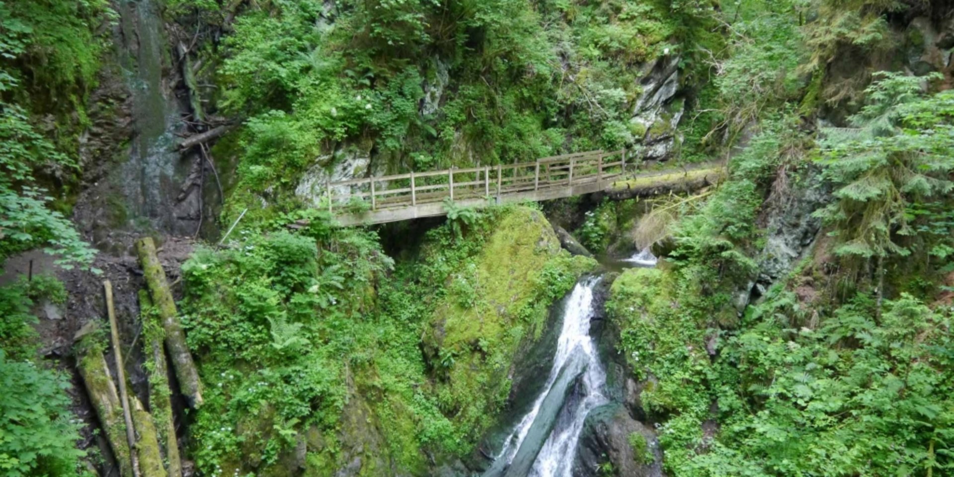 Wanderer auf einem Pfad im Schwarzwald vorbei an einem kleinen Wasserfall.