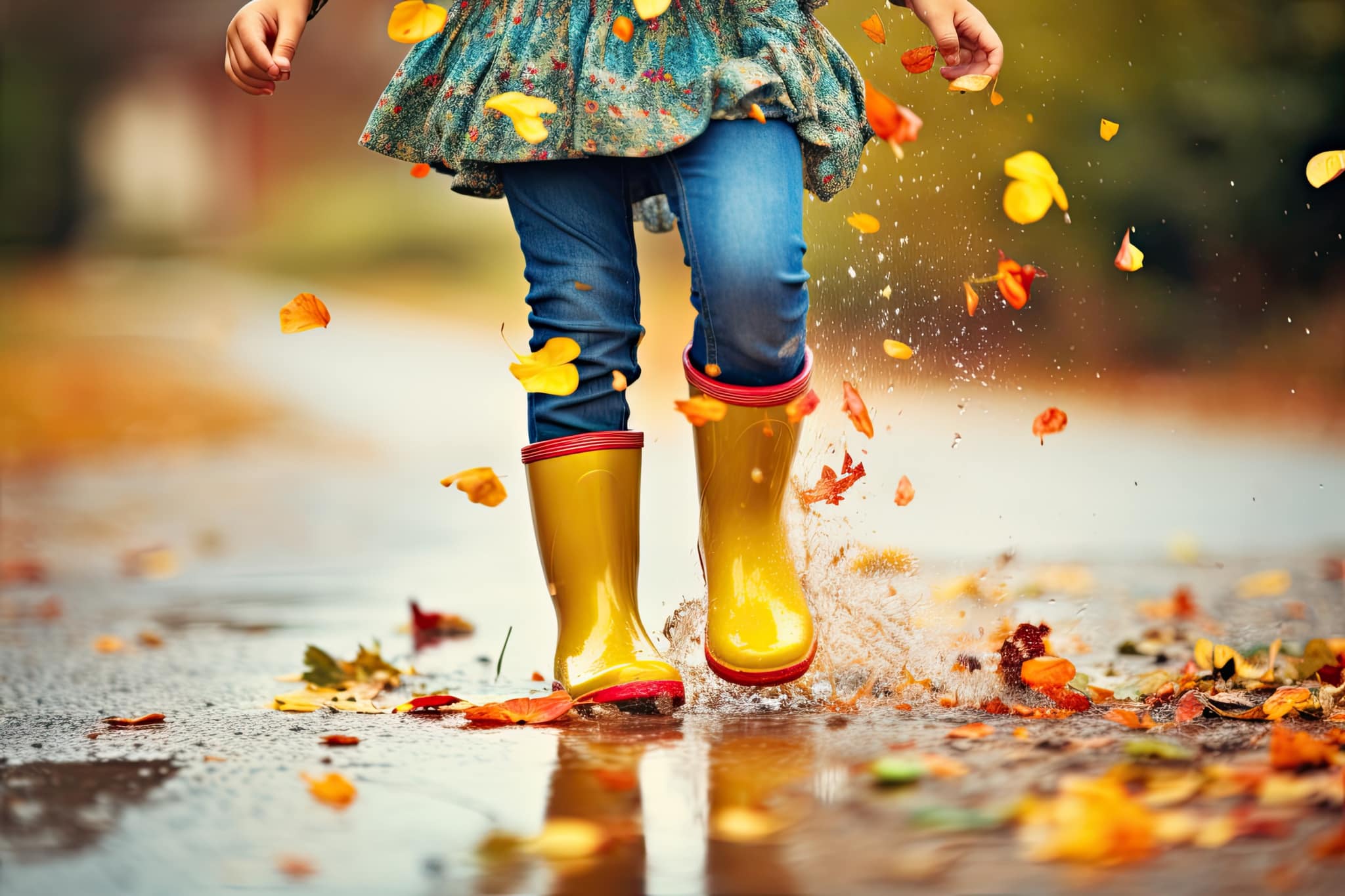 Kleines Mädchen läuft mit Gummistiefeln in einer Pfütze mit Blättern