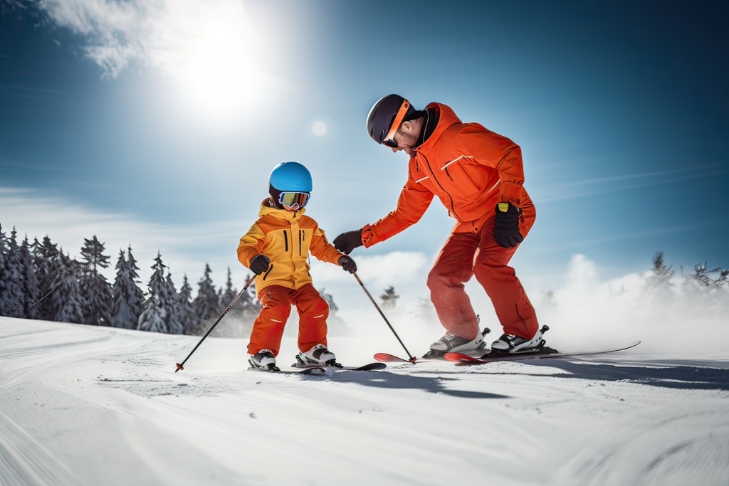 Skilehrer mit Kind auf der Skipiste